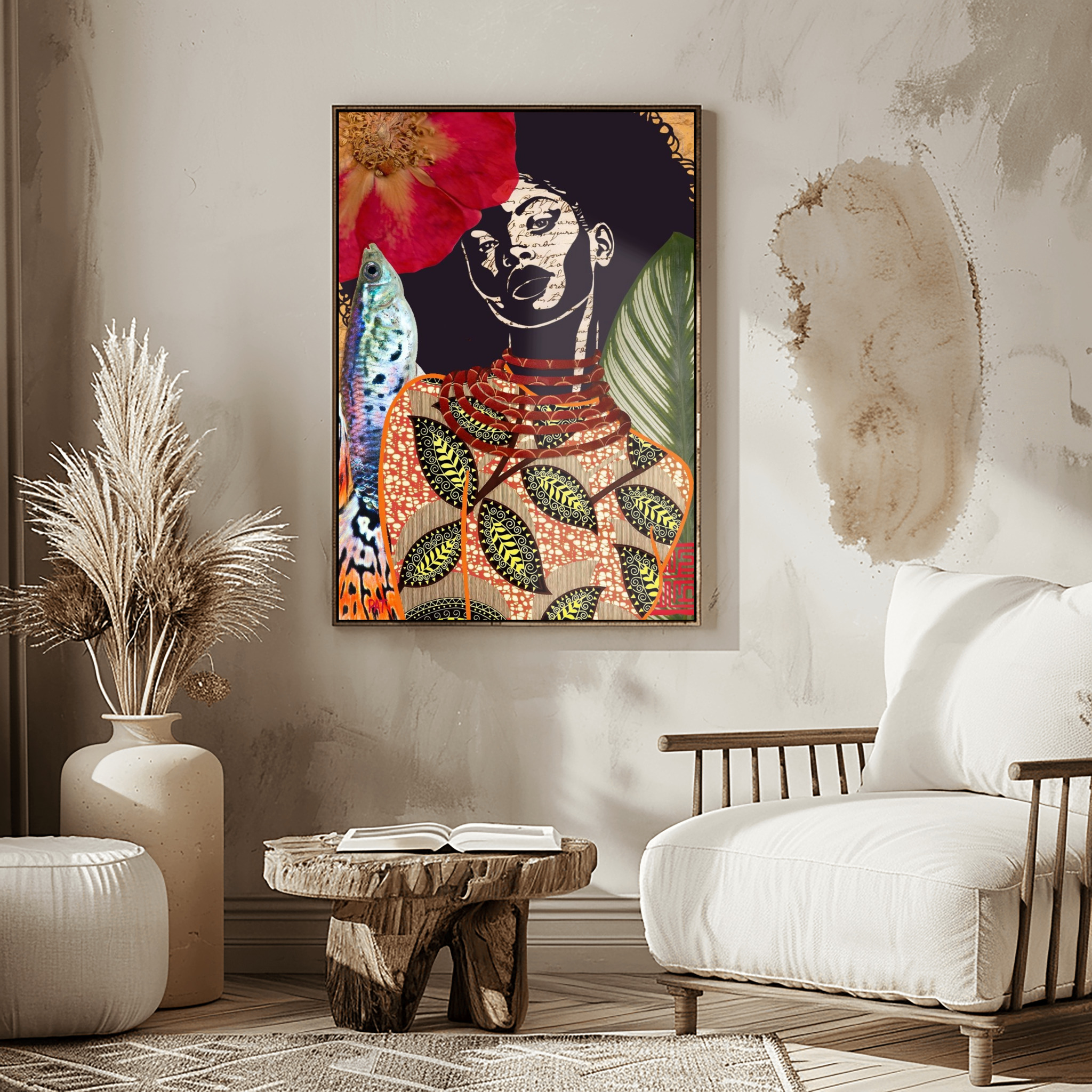 mockup of fine art print black woman with leaves earthy tones abstract portrait