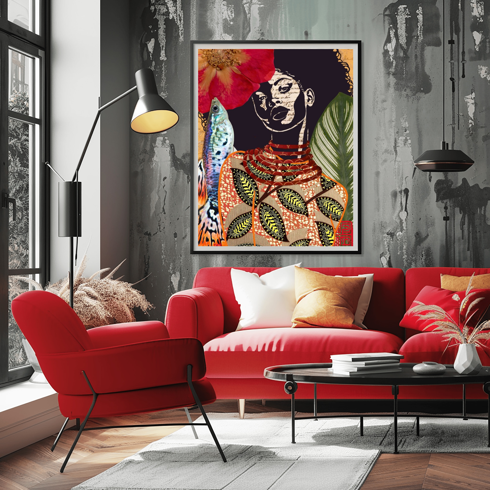 mockup of fine art print black woman with leaves earthy tones abstract portrait