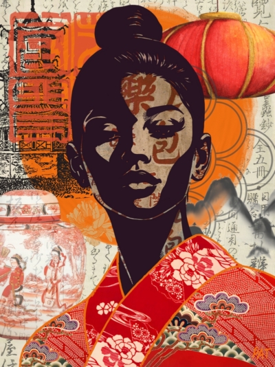 Modern abstract portrait of an Asian woman in red and orange with a lantern and calligraphy.