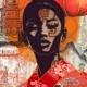 Modern abstract portrait of an Asian woman in red and orange with a lantern and calligraphy.