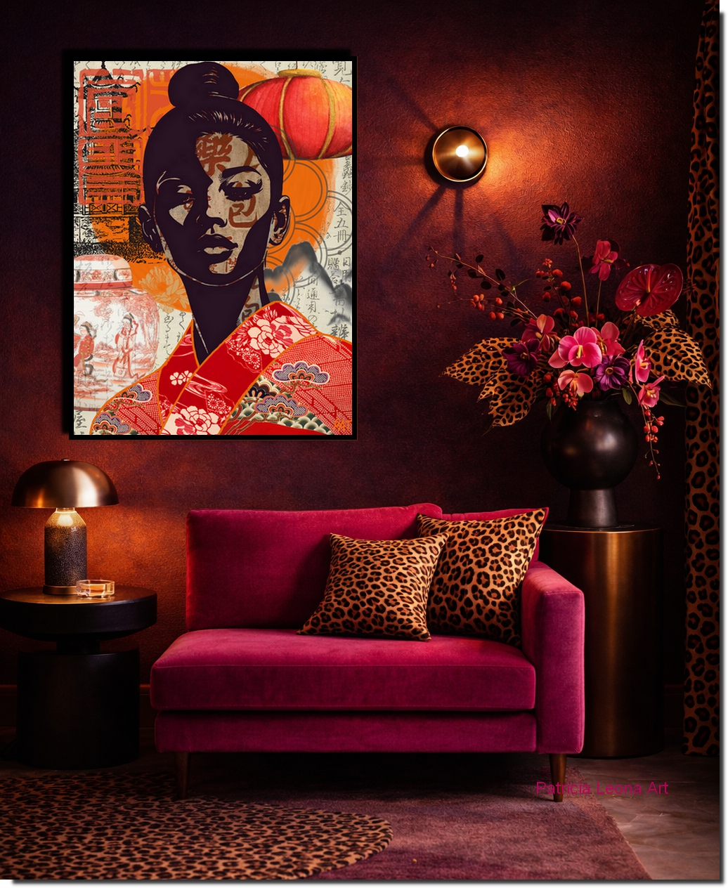 Room Mockup - Modern abstract portrait of an Asian woman in red and orange with a lantern and calligraphy - Mockup.