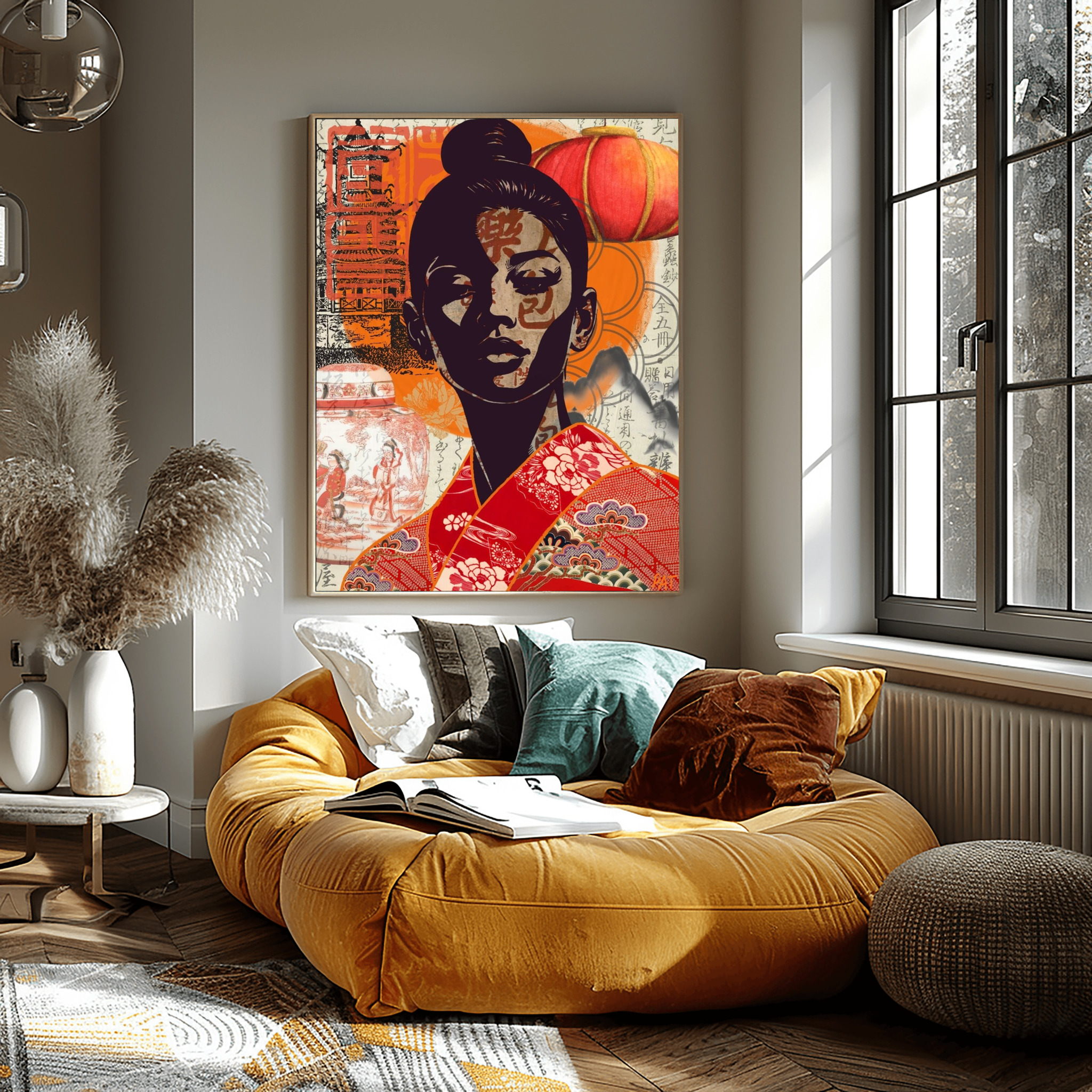 Modern abstract portrait of an Asian woman in red and orange with a lantern and calligraphy.