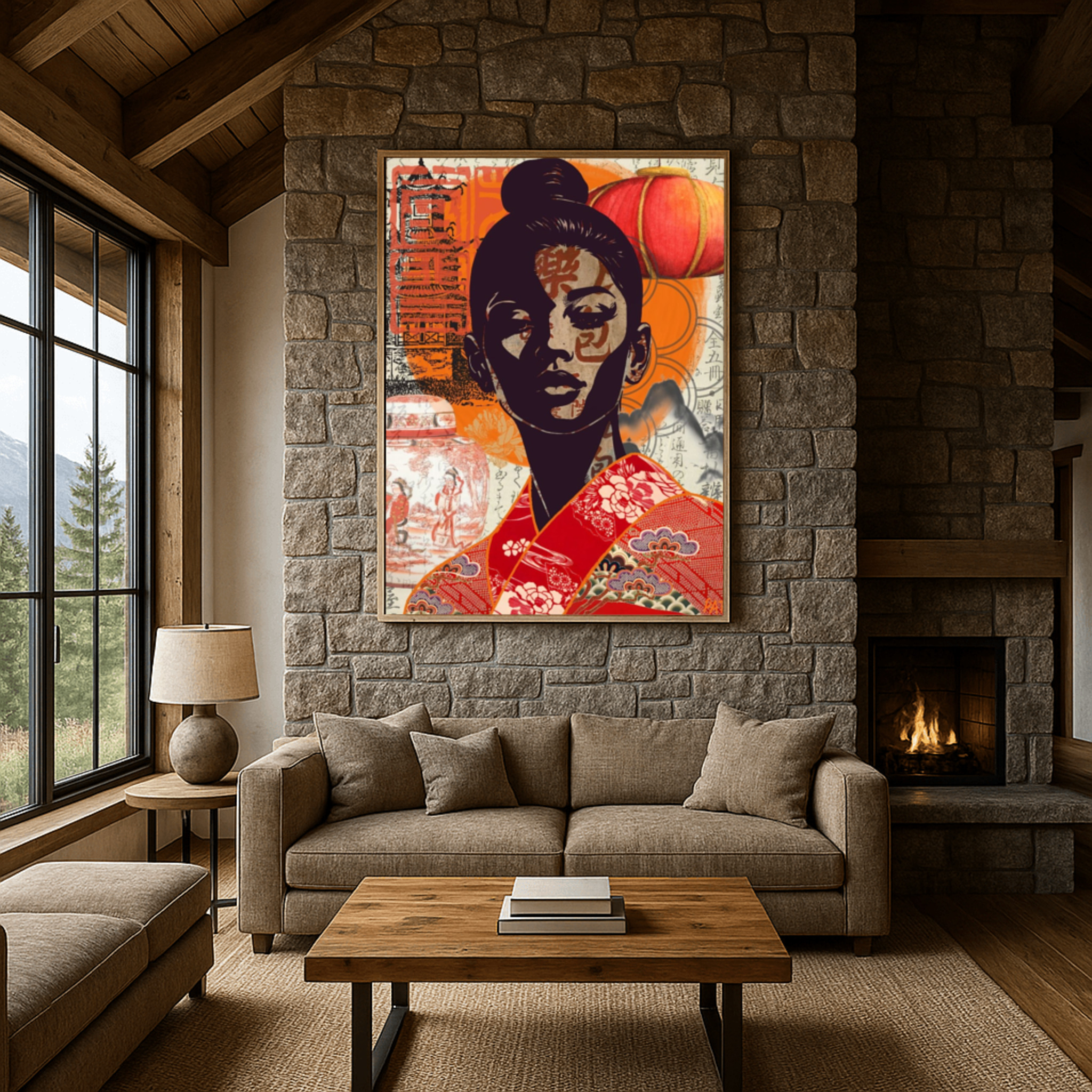 Modern abstract portrait of an Asian woman in red and orange with a lantern and calligraphy.