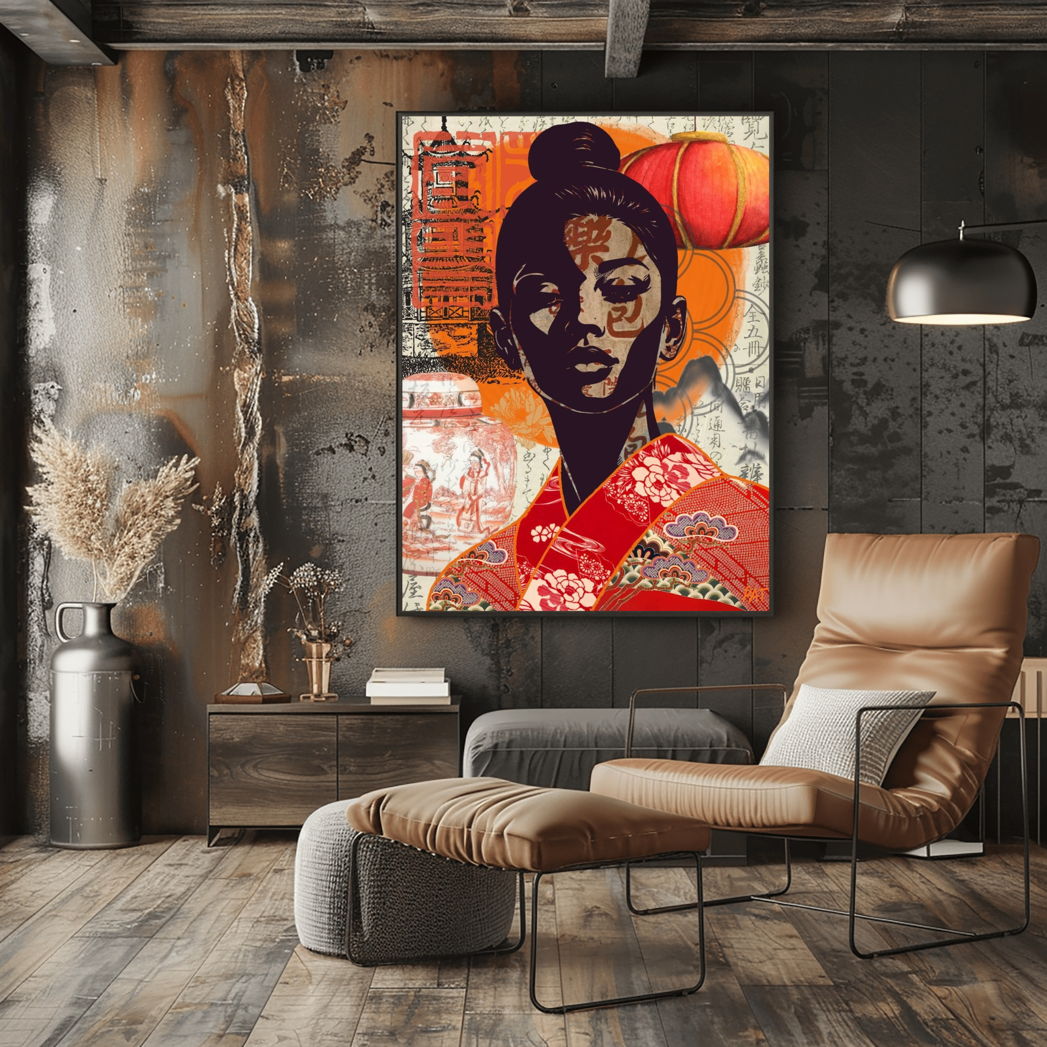Room Mockup, Modern abstract portrait of an Asian woman in red and orange with a lantern and calligraphy.