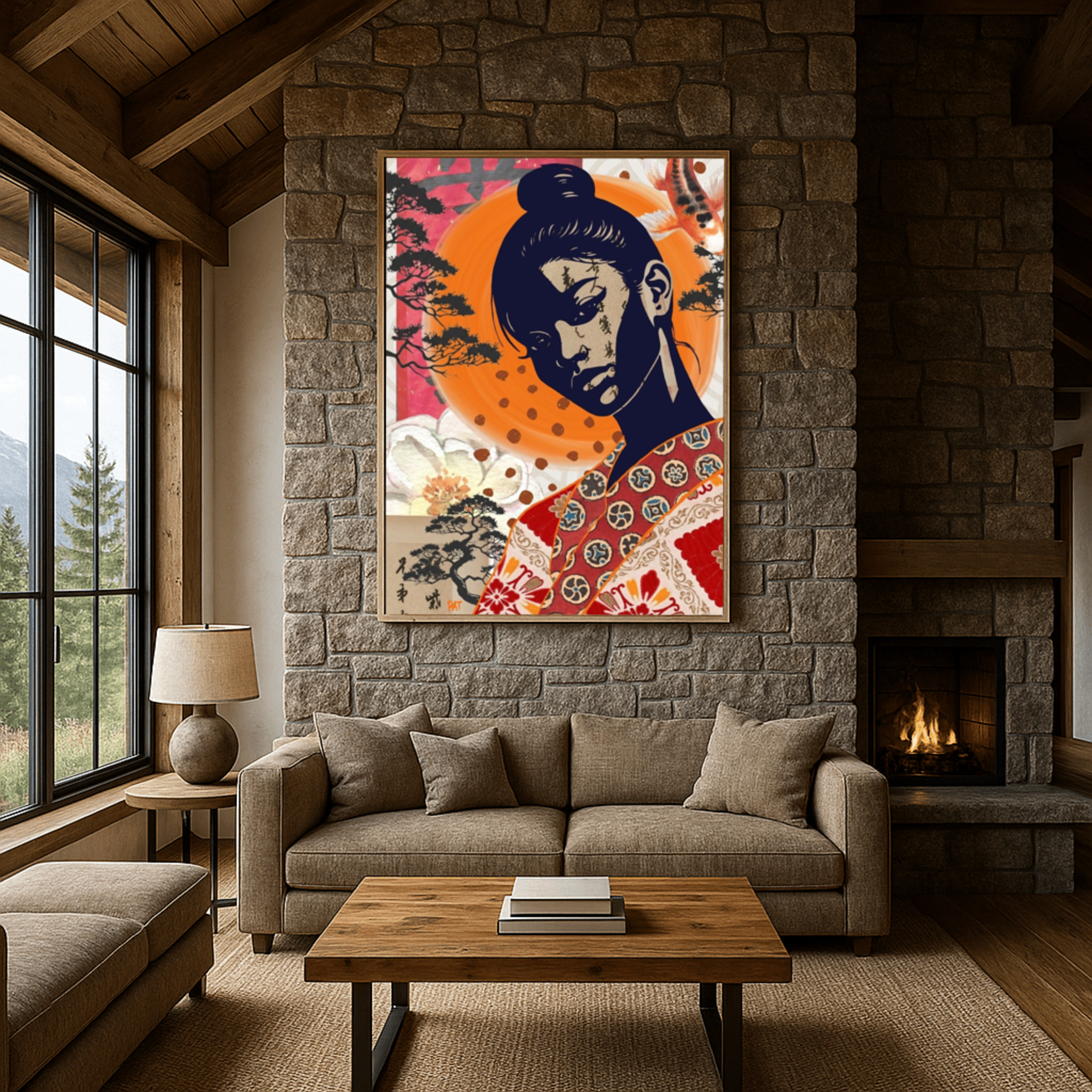 Room Mockup - fine art print japanese woman kimono orange sun floral composition