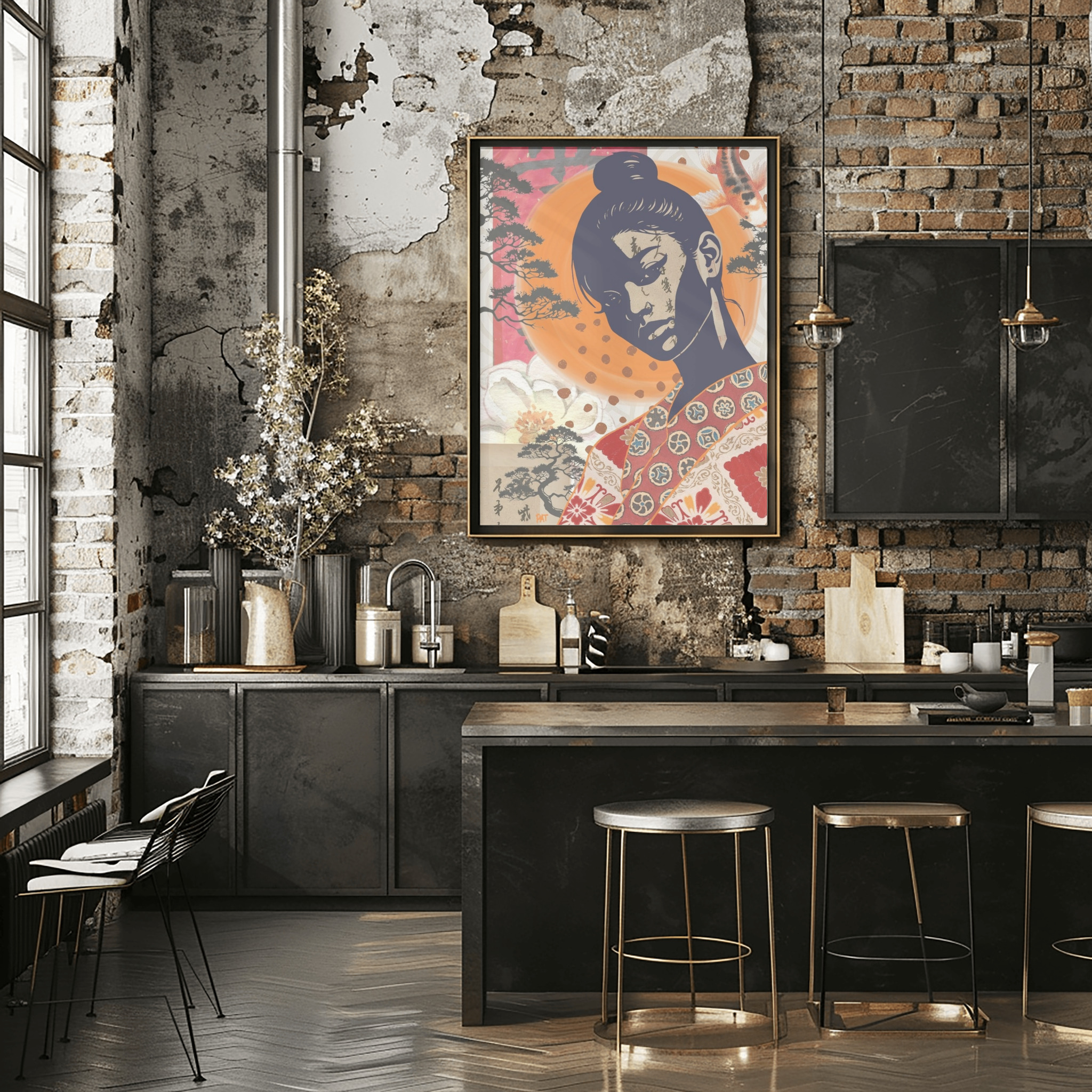 Room Mockup - fine art print japanese woman kimono orange sun floral composition