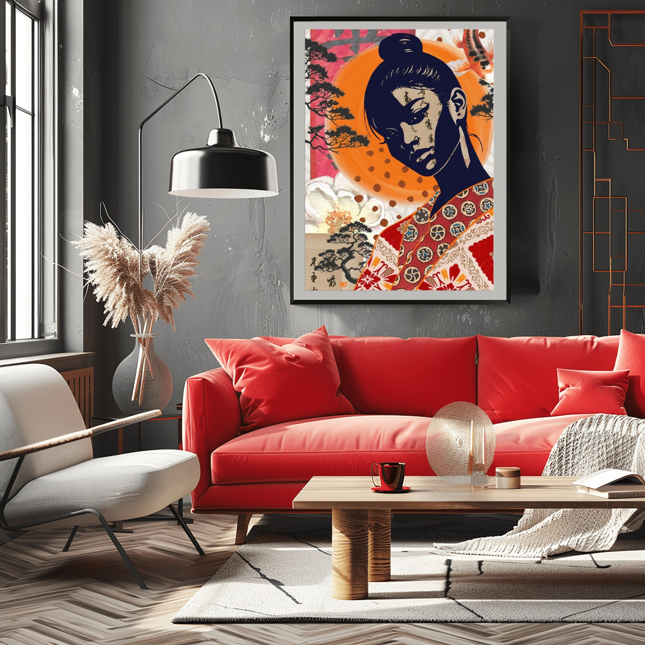 Room Mockup - fine art print japanese woman kimono orange sun floral composition