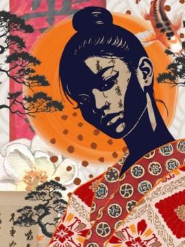 fine art print japanese woman kimono orange sun floral composition