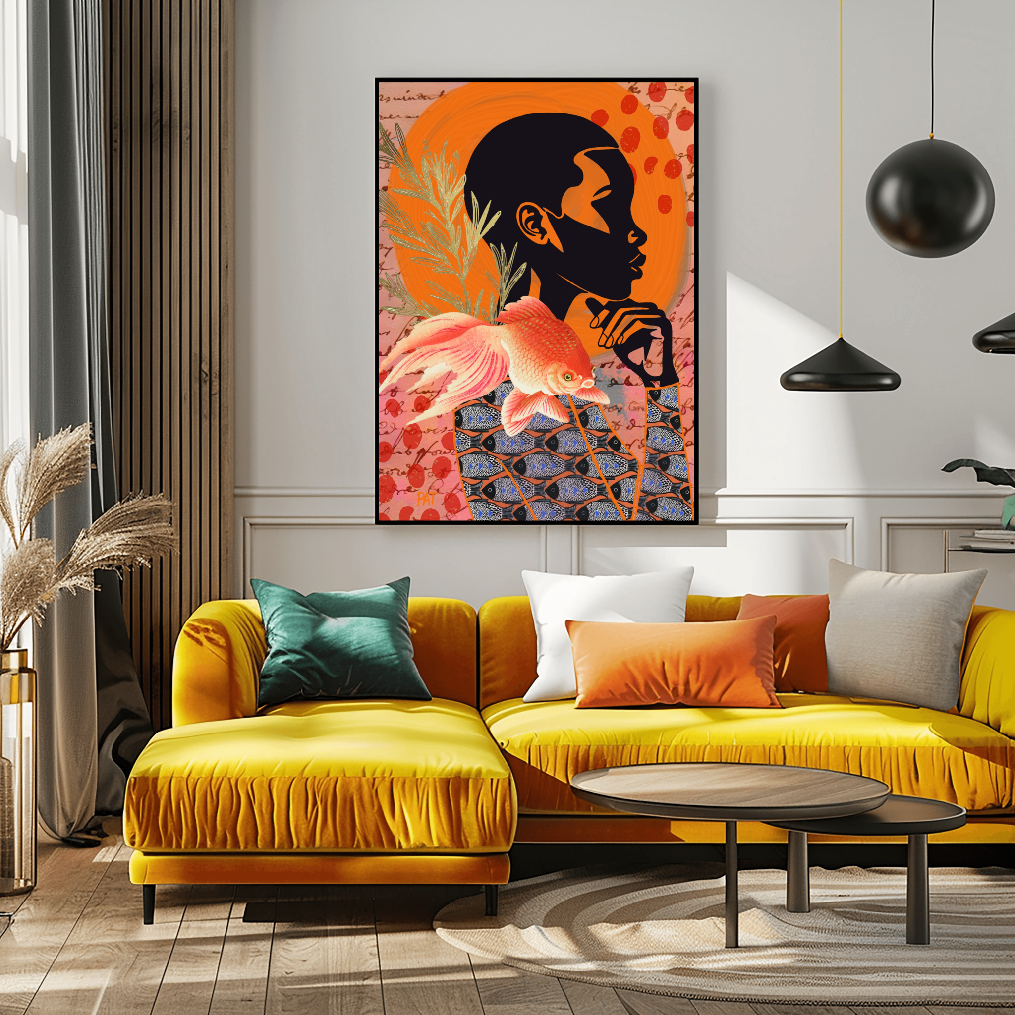 Room Mockup - fine art print black woman with fish abstract water elements portrait