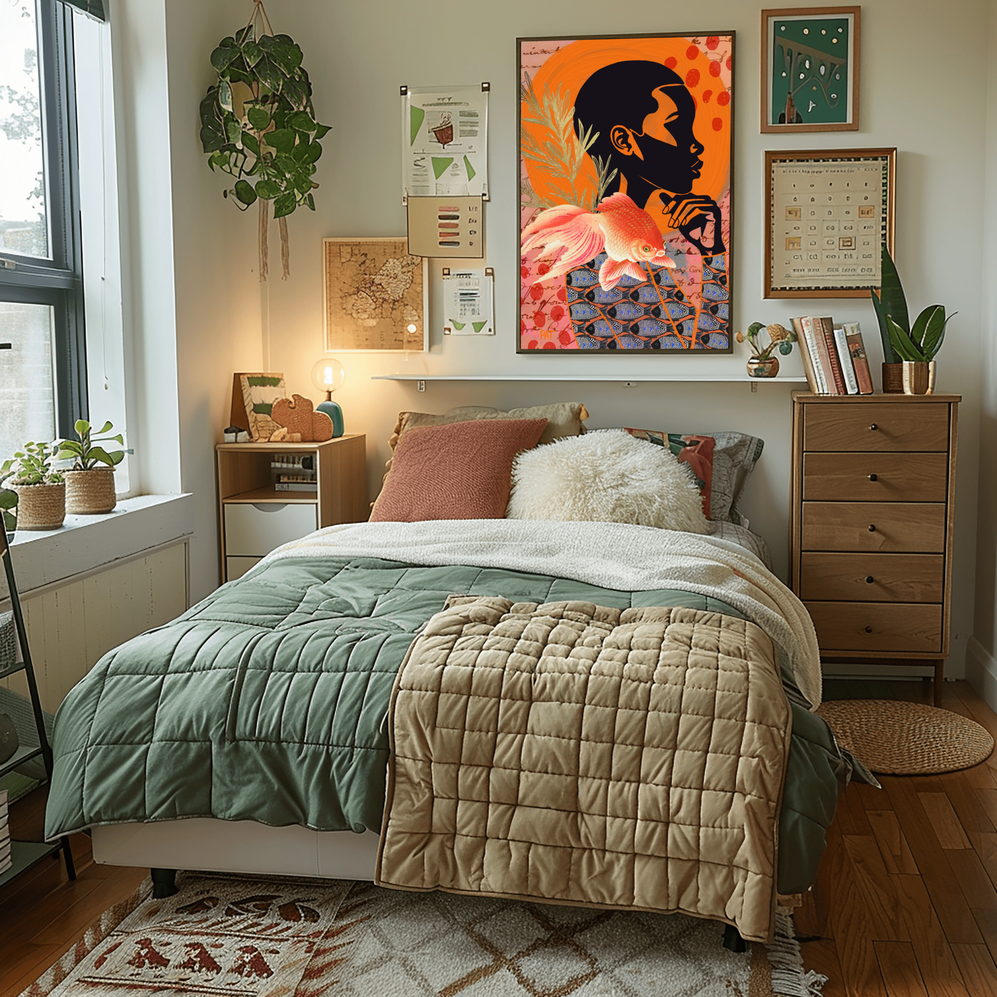 Room Mockup - fine art print black woman with fish abstract water elements portrait