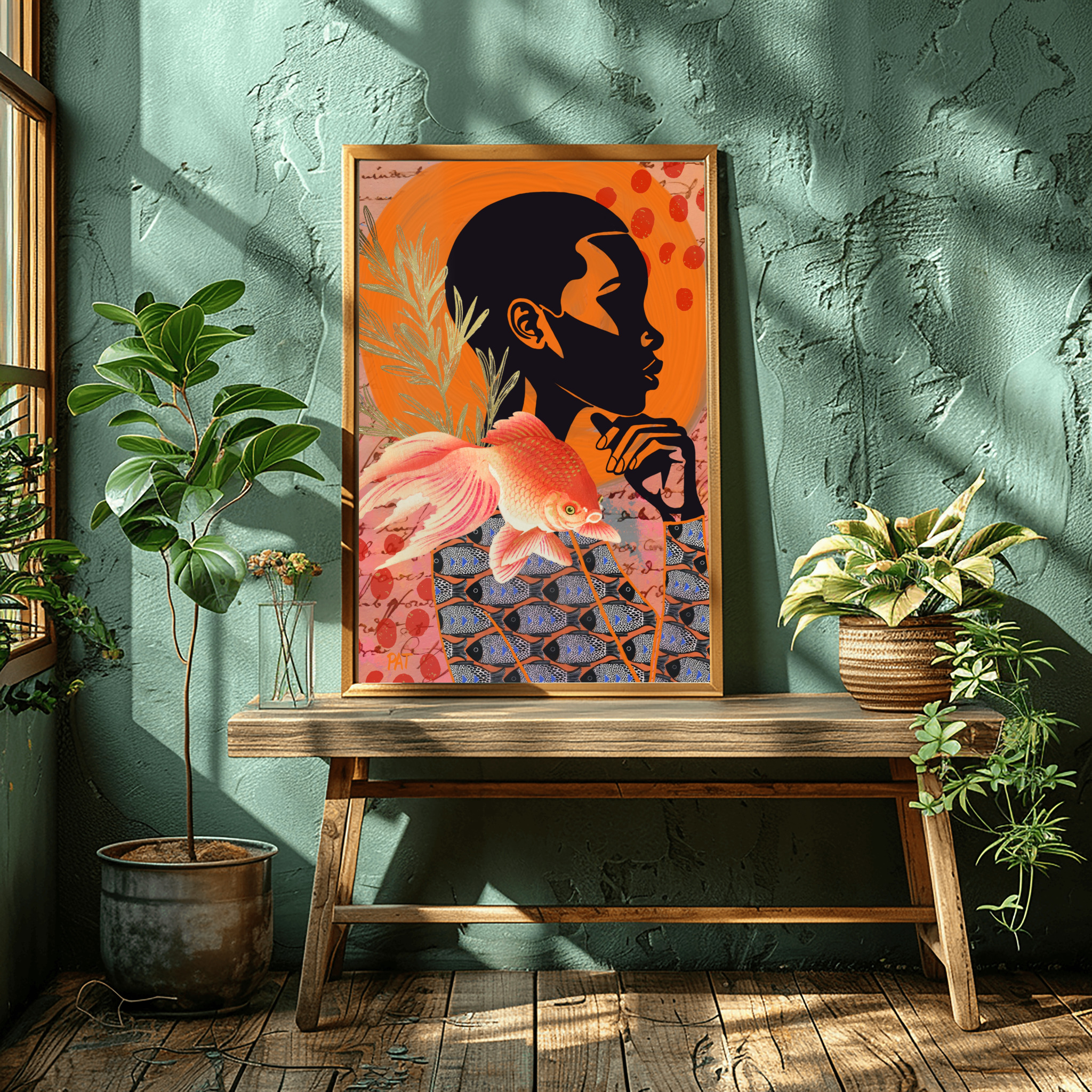 Room Mockup - fine art print black woman with fish abstract water elements portrait