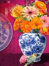 fine art print blue vase colorful flowers bird vibrant composition