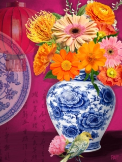 fine art print blue vase colorful flowers bird vibrant composition
