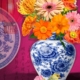 fine art print blue vase colorful flowers bird vibrant composition