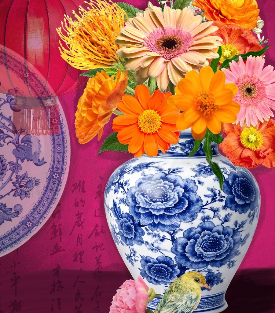 fine art print blue vase colorful flowers bird vibrant composition