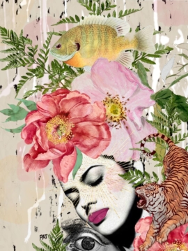 fine art print woman fish flowers layered symbolic composition