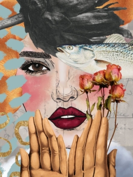 fine art print surreal woman layered faces hands abstract composition