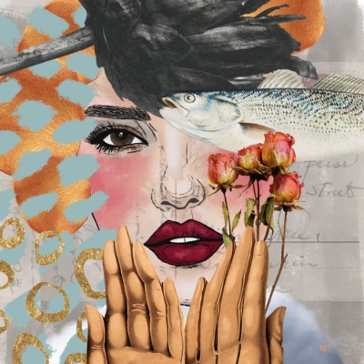 fine art print surreal woman layered faces hands abstract composition