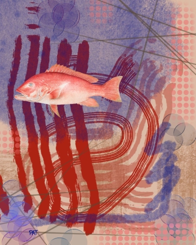 abstract fine art print red fish flowing lines minimal composition