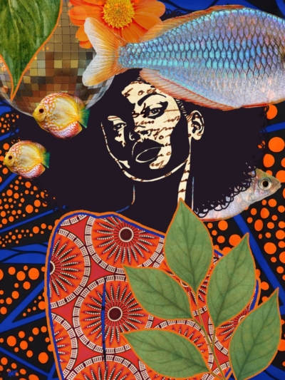 fine art print black woman with fish flowing abstract composition