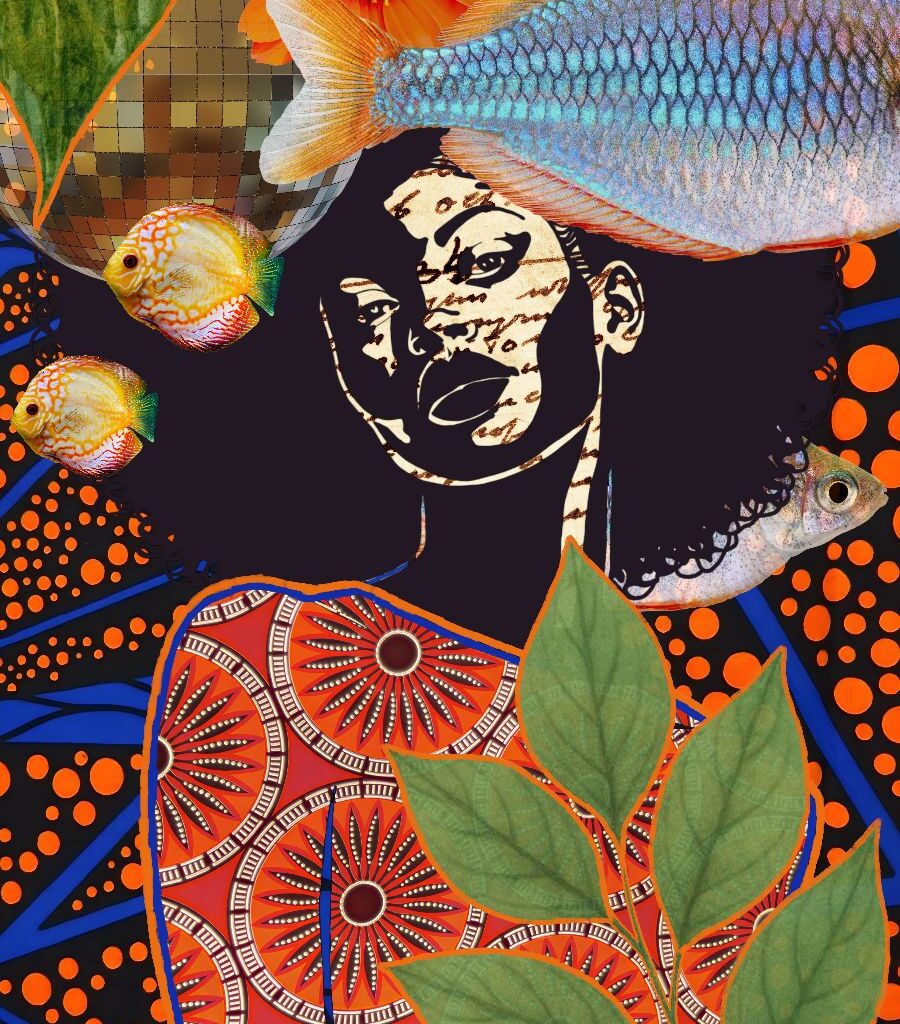 fine art print black woman with fish flowing abstract composition