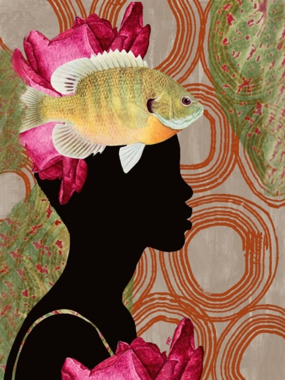 fine art print black woman fish flowers flowing abstract composition