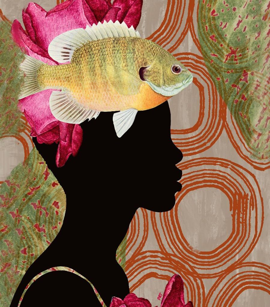 fine art print black woman fish flowers flowing abstract composition
