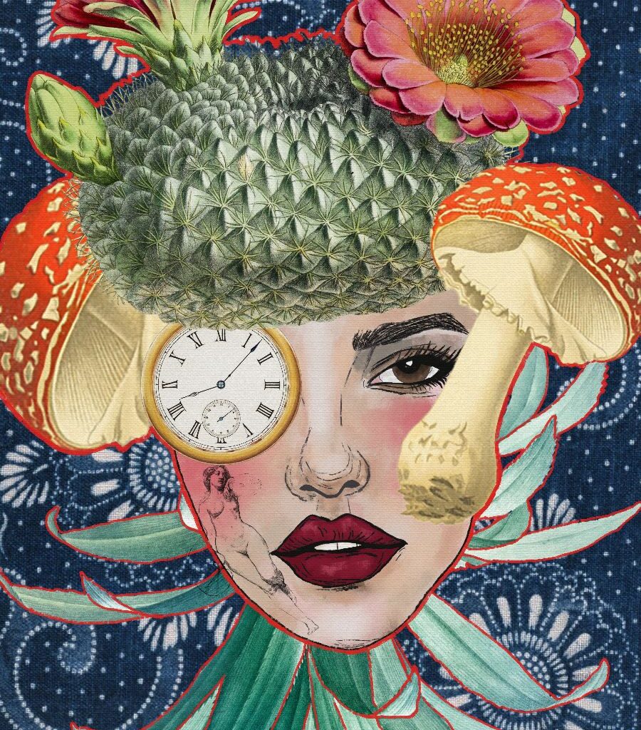 fine art print surreal woman portrait flowers layered composition