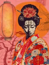 fine art print japanese woman geisha lantern flower warm tones