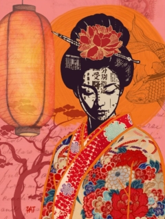 fine art print japanese woman geisha lantern flower warm tones