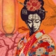fine art print japanese woman geisha lantern flower warm tones