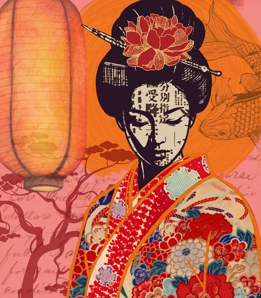 fine art print japanese woman geisha lantern flower warm tones