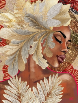 fine art print black woman feathers gold tones elegant portrait