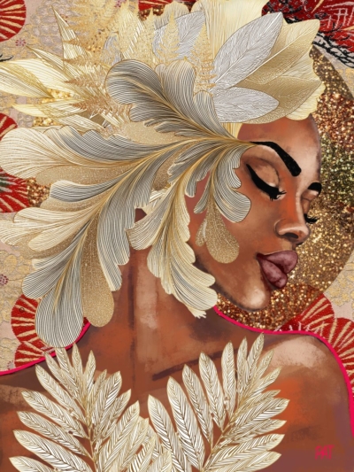 fine art print black woman feathers gold tones elegant portrait