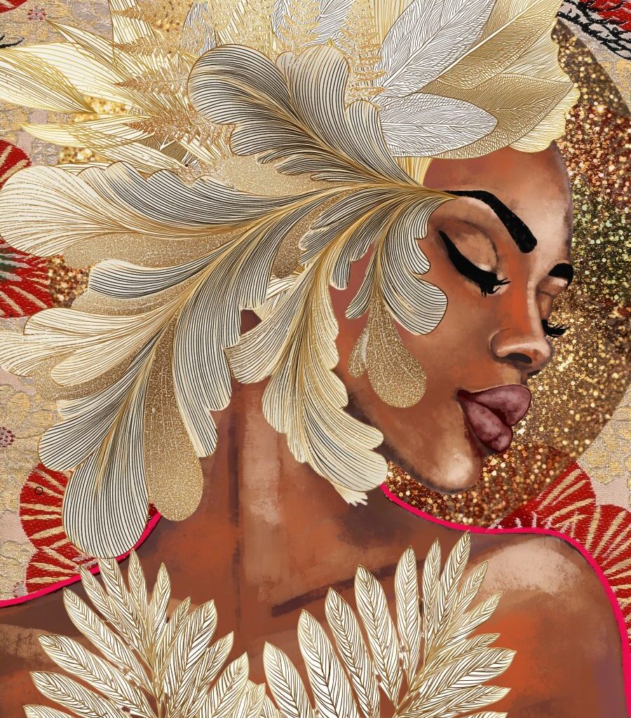 fine art print black woman feathers gold tones elegant portrait