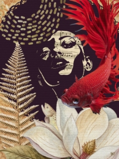 fine art print black woman with red fish flower layered composition