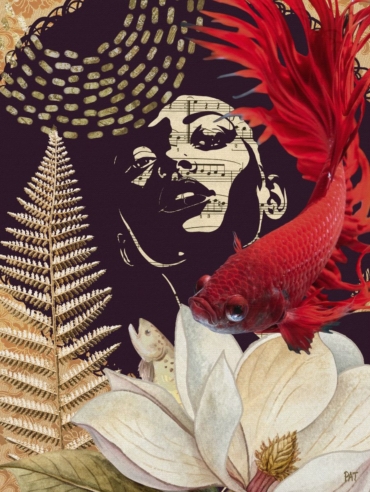 fine art print black woman with red fish flower layered composition