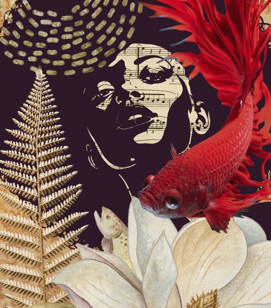 fine art print black woman with red fish flower layered composition