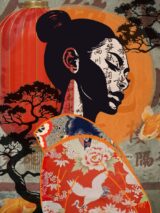 fine art print japanese woman profile shadow warm tones tree background