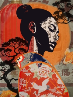 fine art print japanese woman profile shadow warm tones tree background