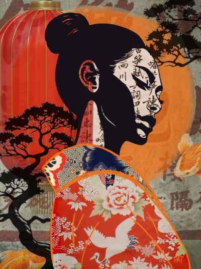 fine art print japanese woman profile shadow warm tones tree background