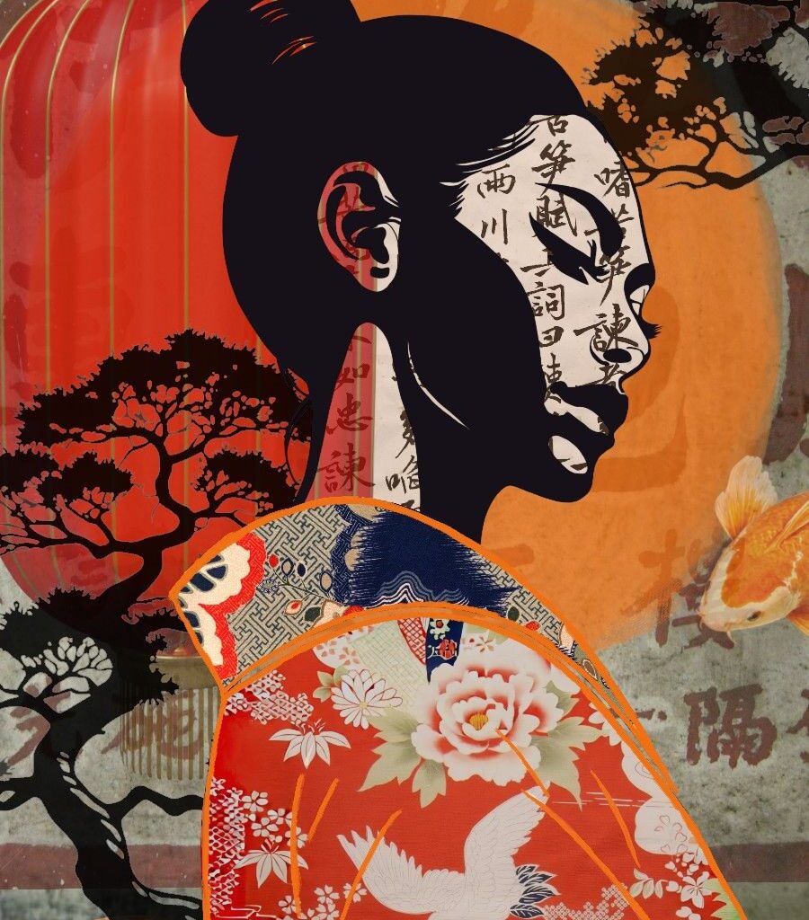 fine art print japanese woman profile shadow warm tones tree background