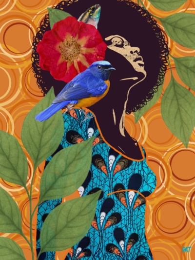 fine art print black woman with bird leaves airy composition
