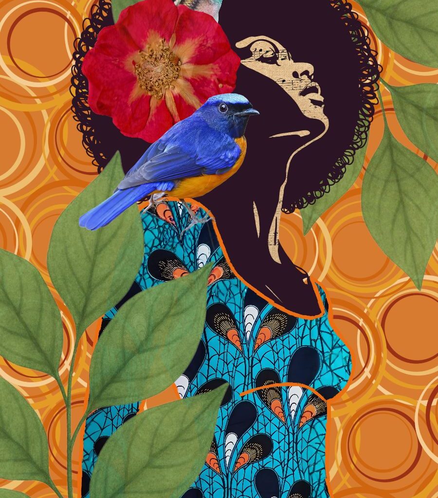 fine art print black woman with bird leaves airy composition