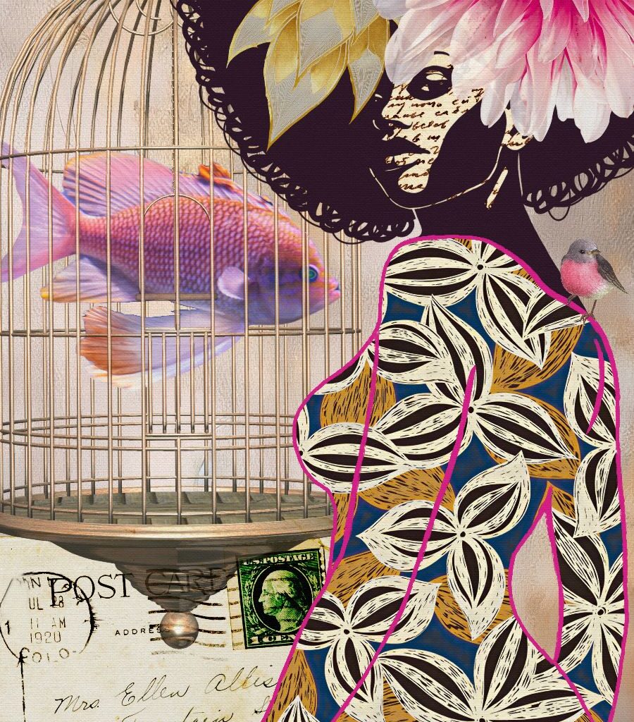 fine art print black woman with birdcage flower soft abstract composition