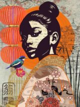 fine art print japanese woman bird soft tones lantern background