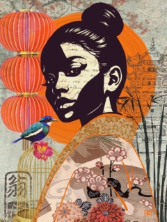 fine art print japanese woman bird soft tones lantern background
