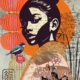 fine art print japanese woman bird soft tones lantern background