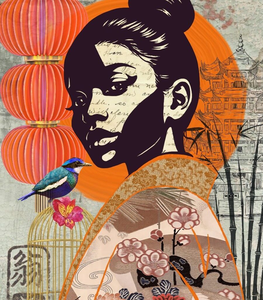fine art print japanese woman bird soft tones lantern background