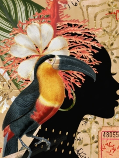 fine art print black woman bird flowers colorful expressive composition